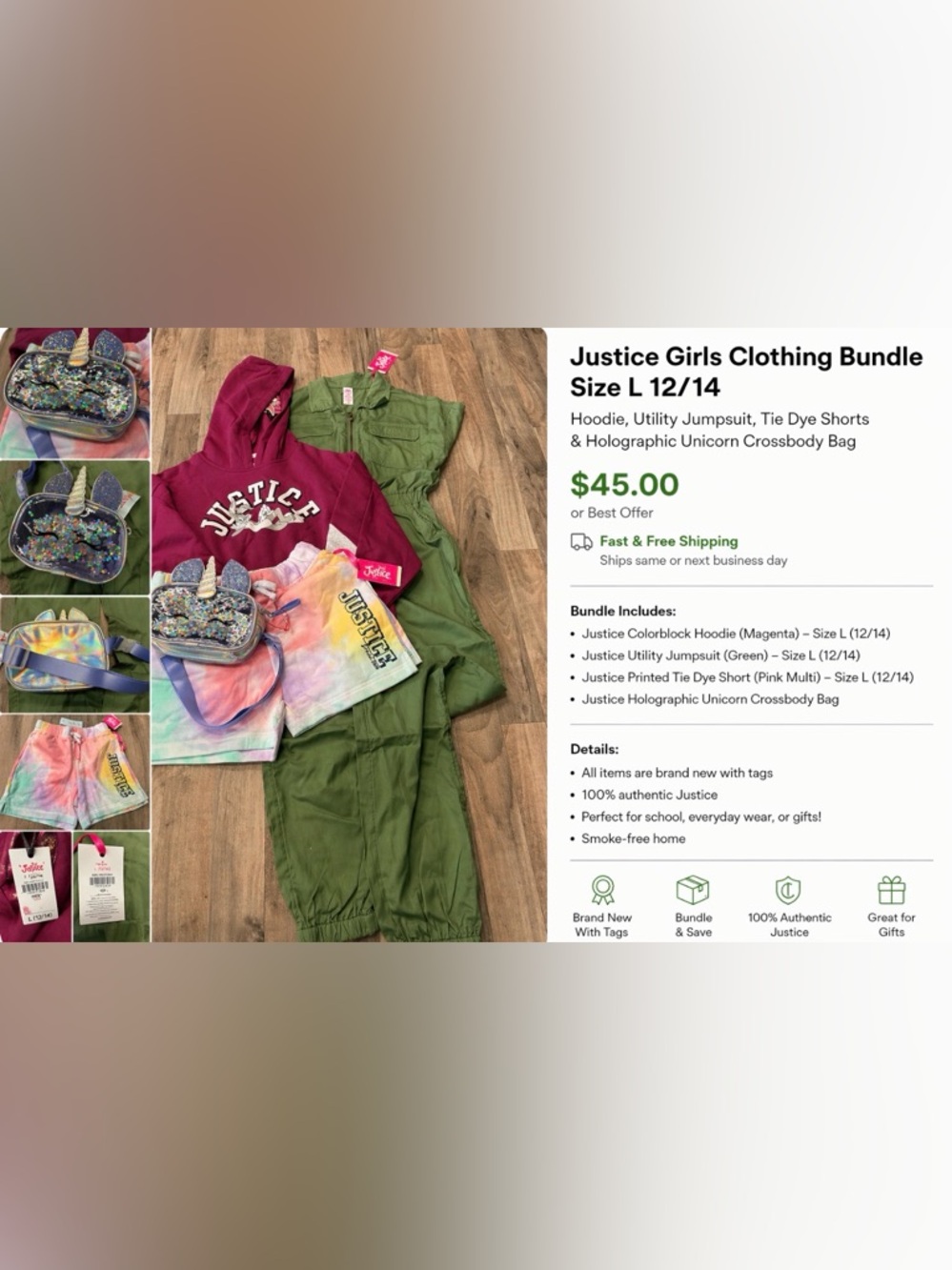 Justice Girls Olive Utility Jumpsuit + Berry Hoodie and Pastel Tie-Dye Shorts